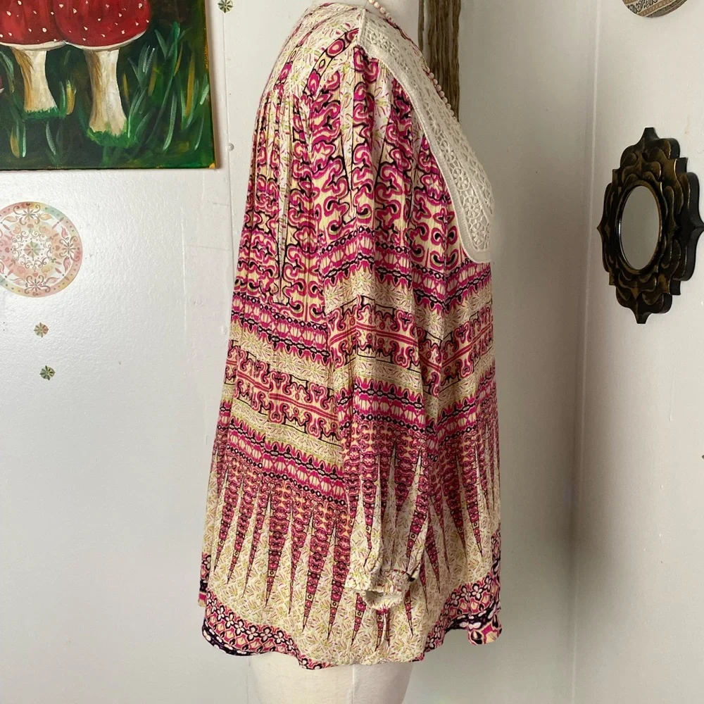 Moon and Sky boho long sleeve v neck crochet lace bib cream print pink top S - Picture 6 of 11